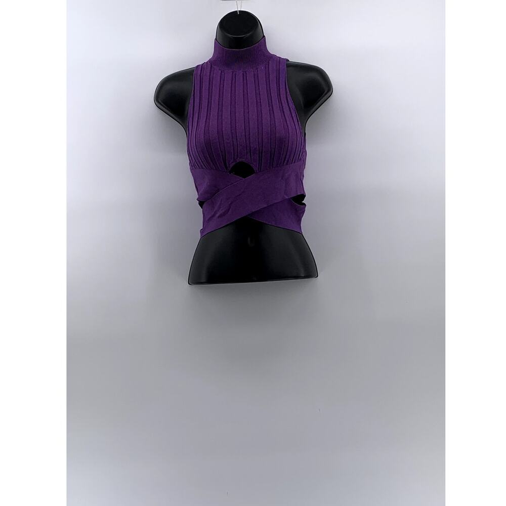 ZARA Women's Purple Mock-Neck Sleeveless Wide Rib Cross Hem Cropped Top SZ S